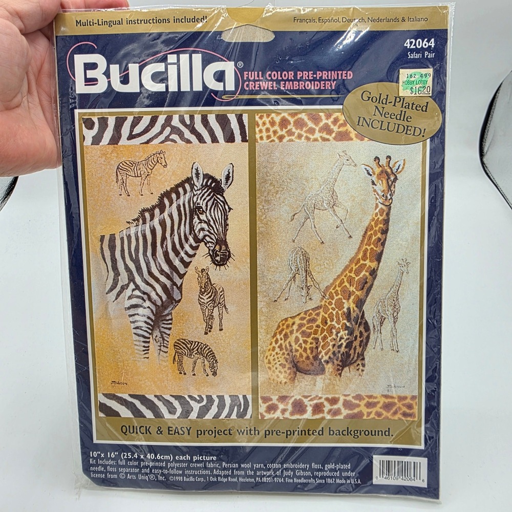 Bucilla Unisex Safari Pair Crewel Embroidery‎ Kit Zebra Giraffe Vintage 10x16in